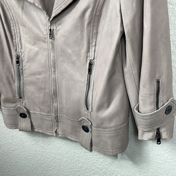 St John Leather Biker Moto Jacket Taupe Neutral 3/4 Sleeve Lightweight Fall 4 - Picture 4 of 13